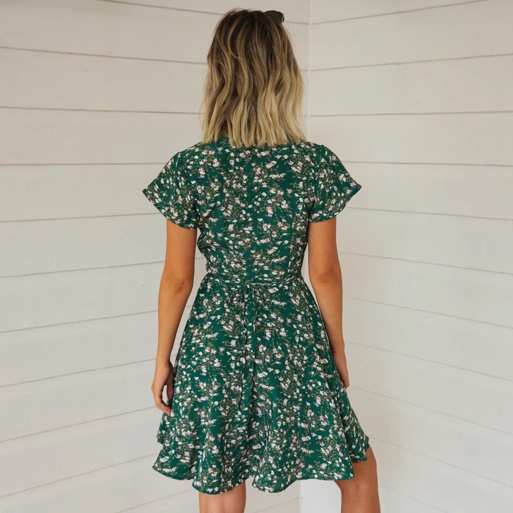 Vacation Style Printed V-neck Knotted Short Small Floral Dress