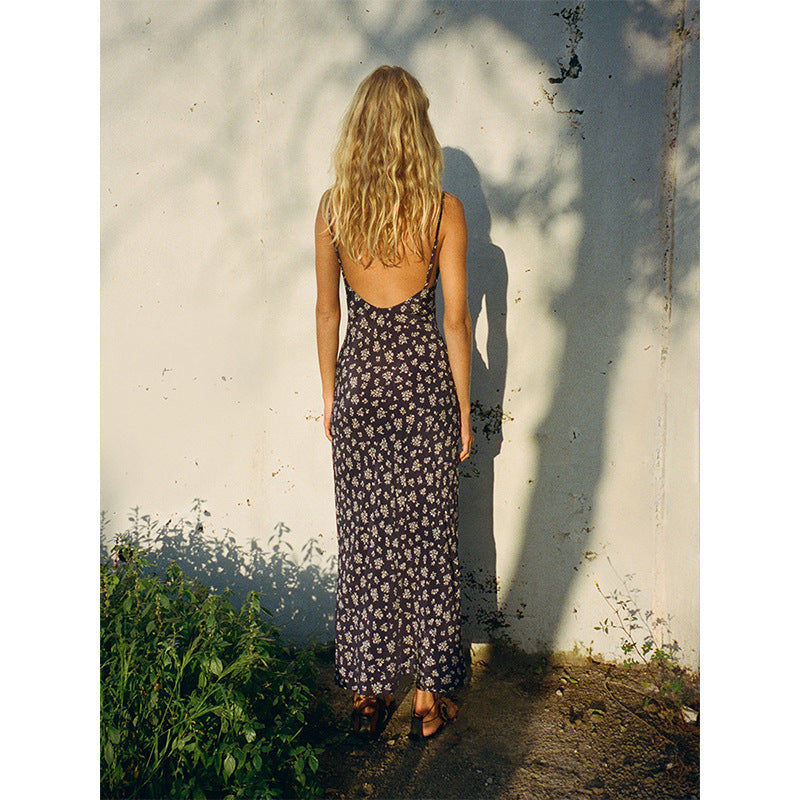 Low Cut Silk Sling Diagonal Cut Long Backless Dress