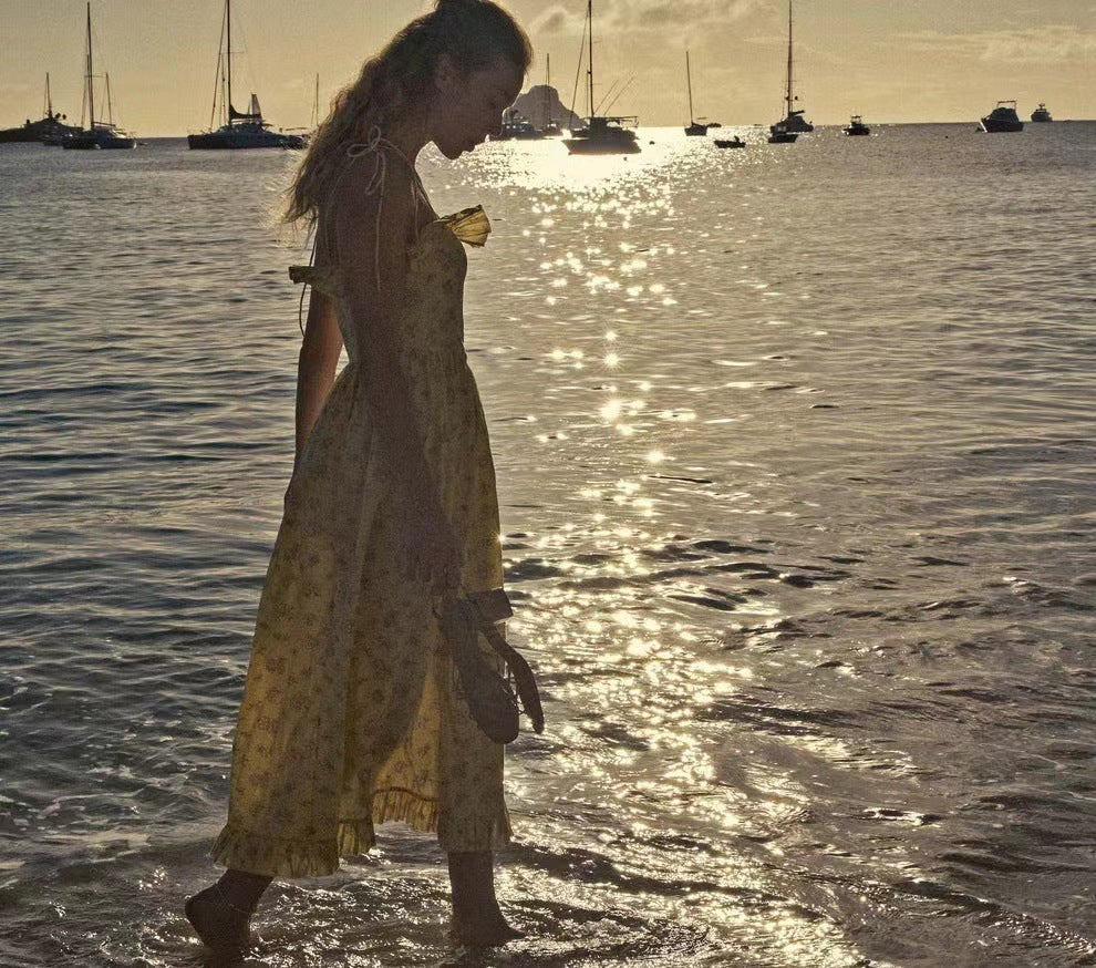 Women's Cotton Printed Sleeveless Dress – Vacation-Ready with Lace-Up Detail & Ruffle Hem