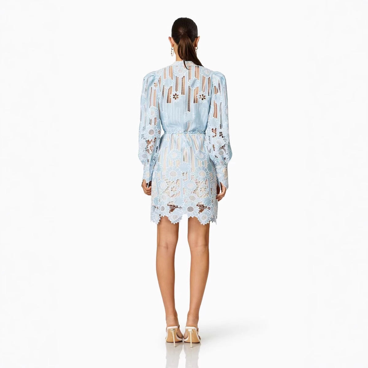 Single-breasted Woven Belt Flower Embroidery Hollow Dress