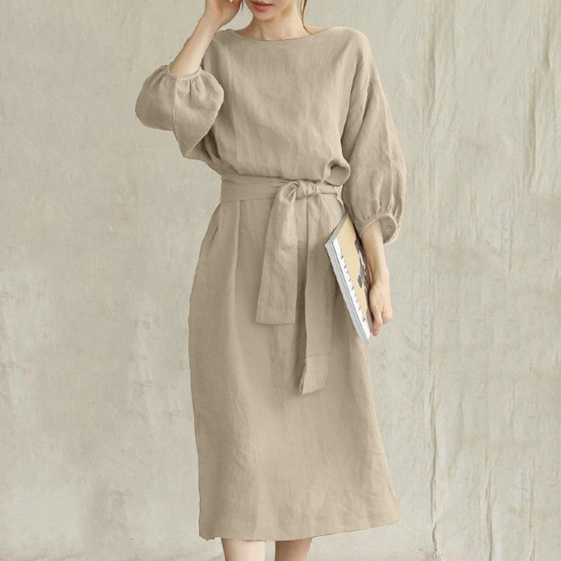 Mid-length High Waist Lace-up Solid Color Round Neck Dress