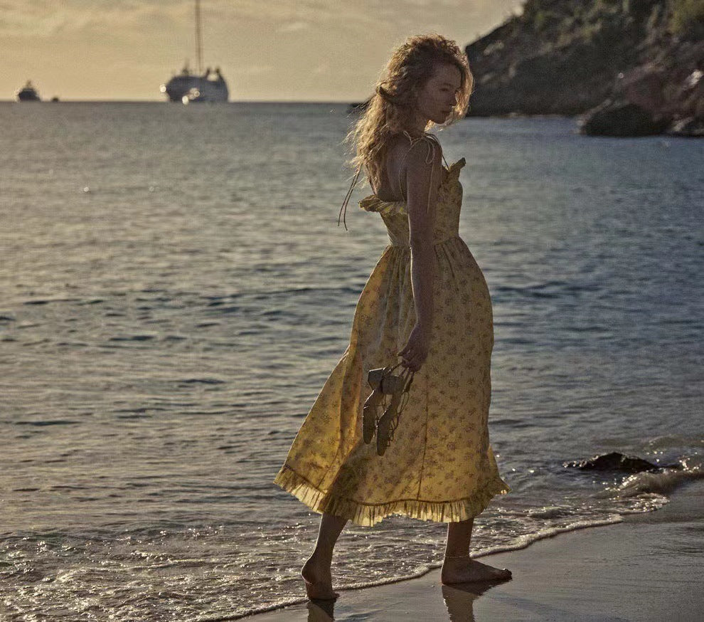 Women's Cotton Printed Sleeveless Dress – Vacation-Ready with Lace-Up Detail & Ruffle Hem