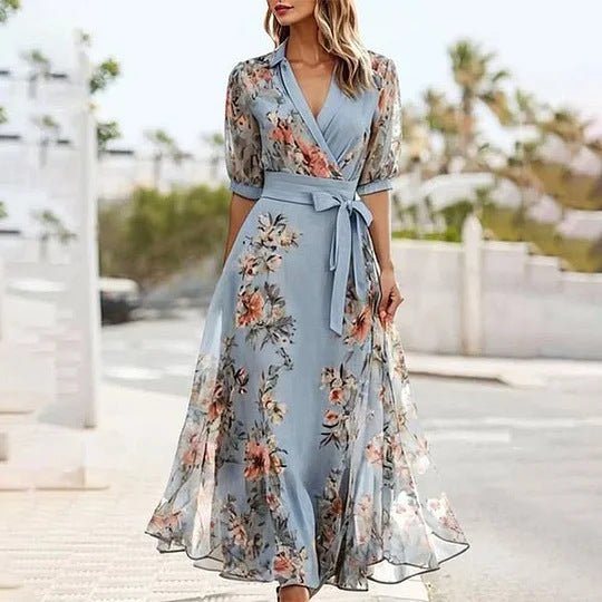 Short Sleeve V-neck Floral Pattern Thin Waist Dress
