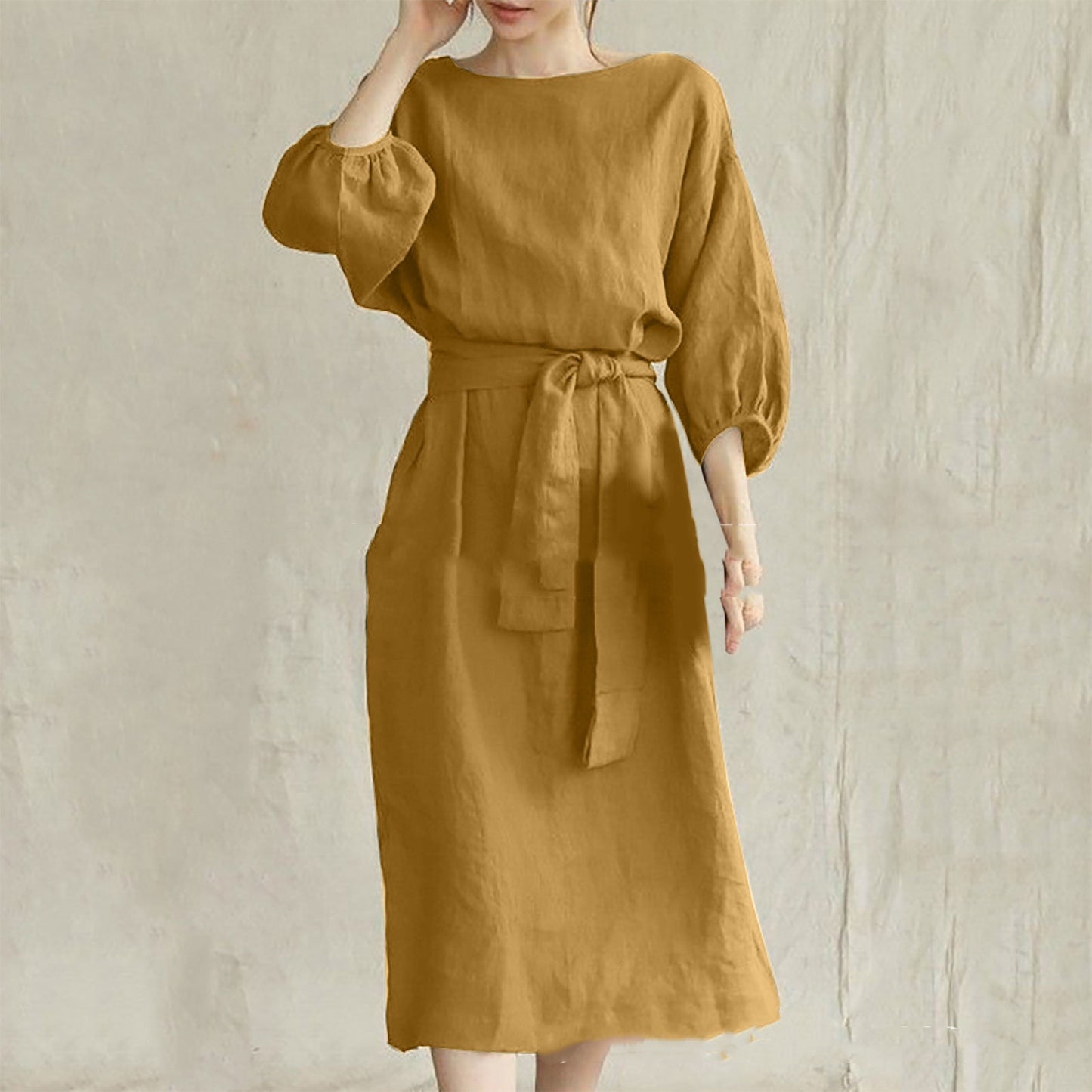 Mid-length High Waist Lace-up Solid Color Round Neck Dress