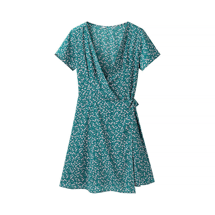 Vacation Style Printed V-neck Knotted Short Small Floral Dress